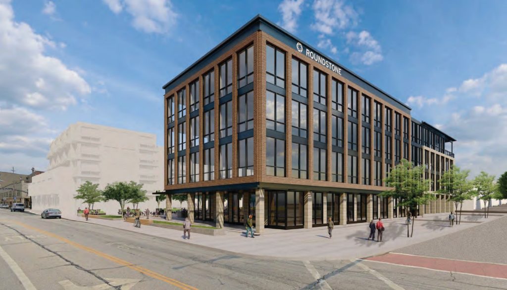 View of downtown Lakewood development at the hospital site, from the corner of Detroit and Belle avenues.