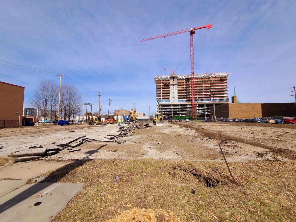 Construction site of the Library Lofts apartment building and new Martin Luther King Jr. Branch Library on Euclid Avenue, between East 105th Street and Stokes Boulevard.