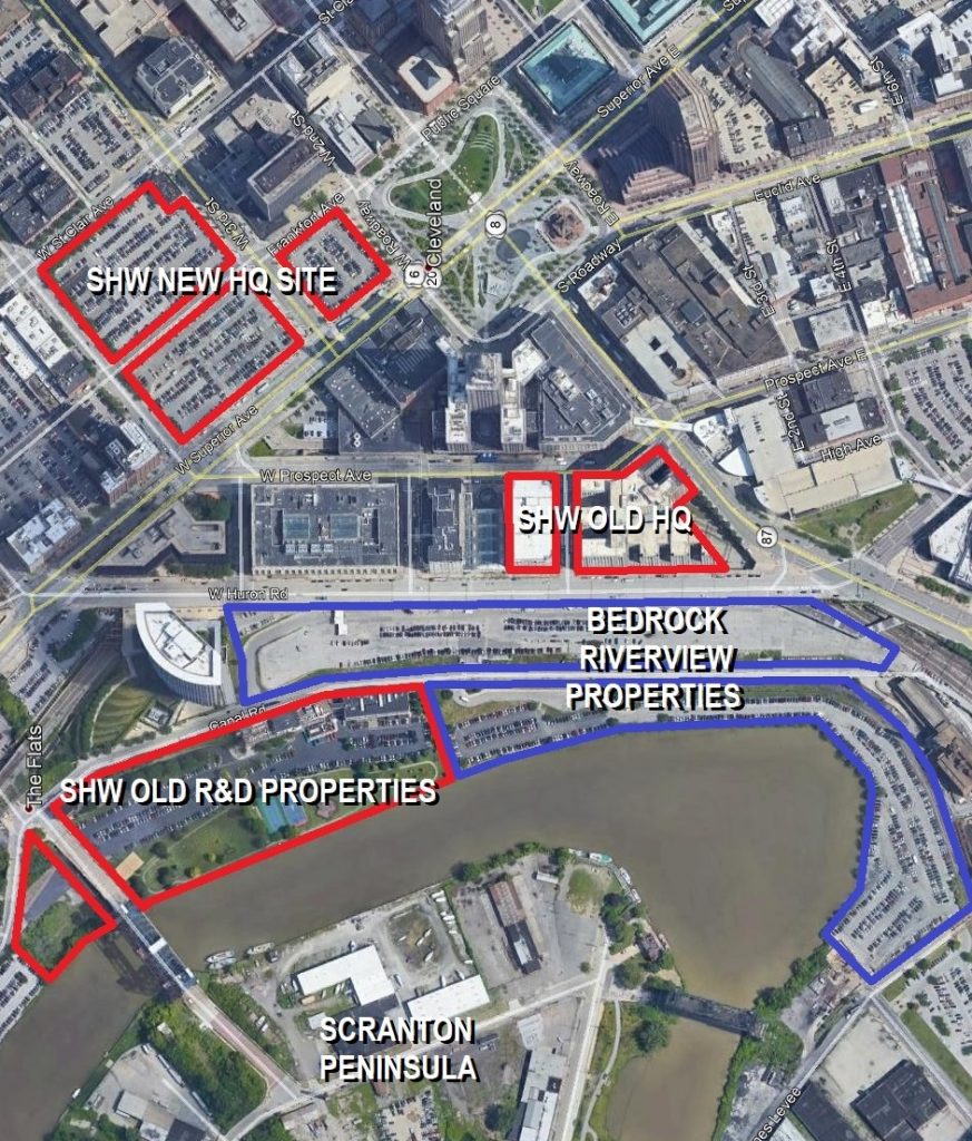 Breen Technology Center location on map of downtown Cleveland and Public Square and Cuyahoga River waterfront.