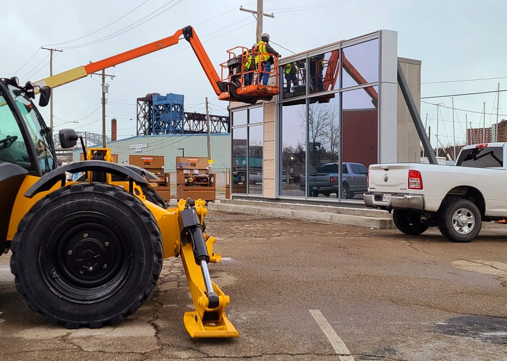 Exterior construction materials were tested recently in Cleveland's Flats prior to installation on SHW's HQ tower.