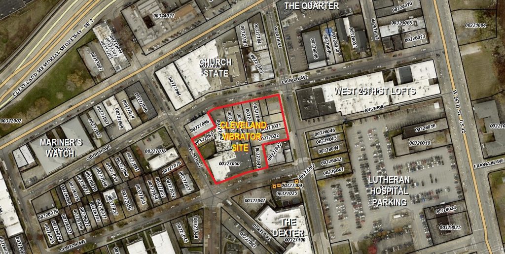 Map of the Cleveland Vibrator site in the Hingetown section of Cleveland's Ohio City neighborhood. This is the site of a future mixed-use development by TurnCap/TurnDev.