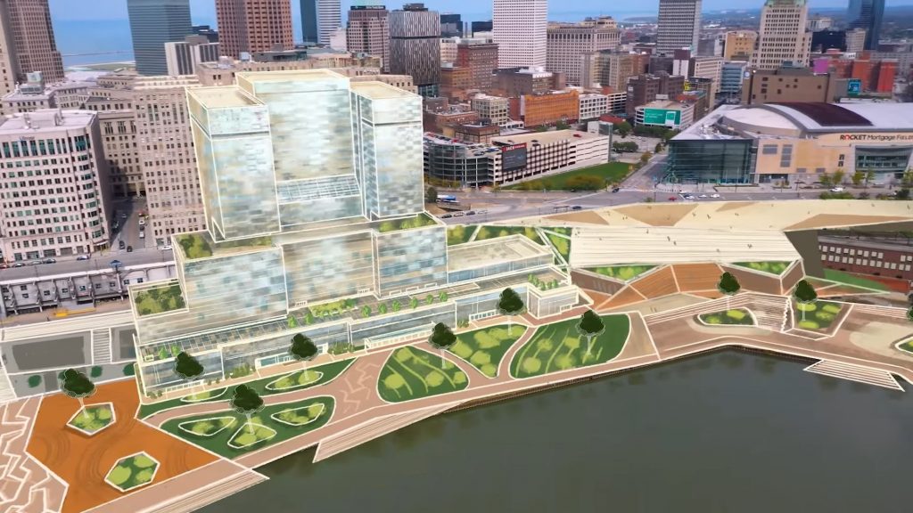 Conceptual rendering of Bedrock's proposed first phase building along Tower City's riverfront.
