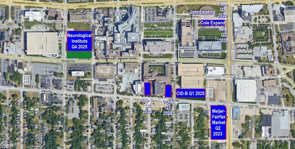 Sites and locations of major developments on the Cleveland Clinic's main campus