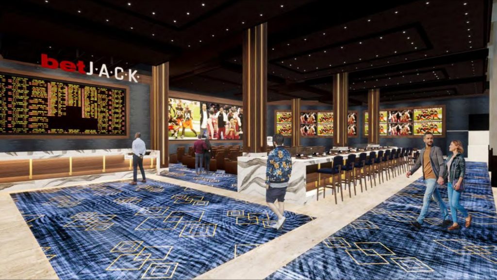 Interior view of planned retail sports betting parlor at Jack Cleveland Casino in downtown Cleveland.