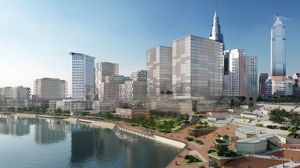 Bedrock's downtown Cleveland riverfront development vision near the Cavaliers' Rocket Mortgage FieldHouse.