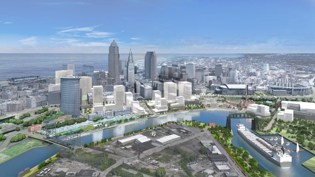 Wide view of downtown Cleveland and its riverfront including Scranton Peninsula, Flats South, Columbus Road Peninsula and Tower City Center.