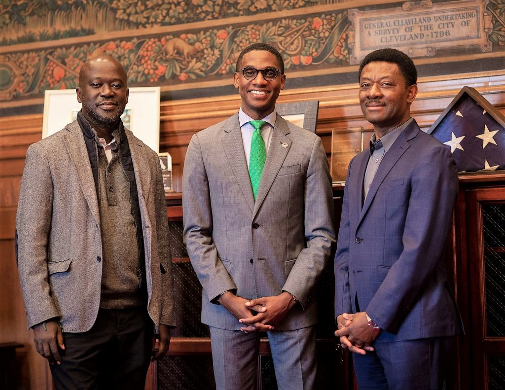 Architect David Adjaye, Mayor Justin Bibb, Bedrock CEO Kofi Bonner at Cleveland City Hall.
