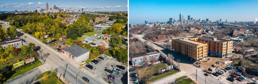 Comparing and contrasting before and after images of development near West 25th Street in Tremont's Lincoln Heights neighborhood of Cleveland.