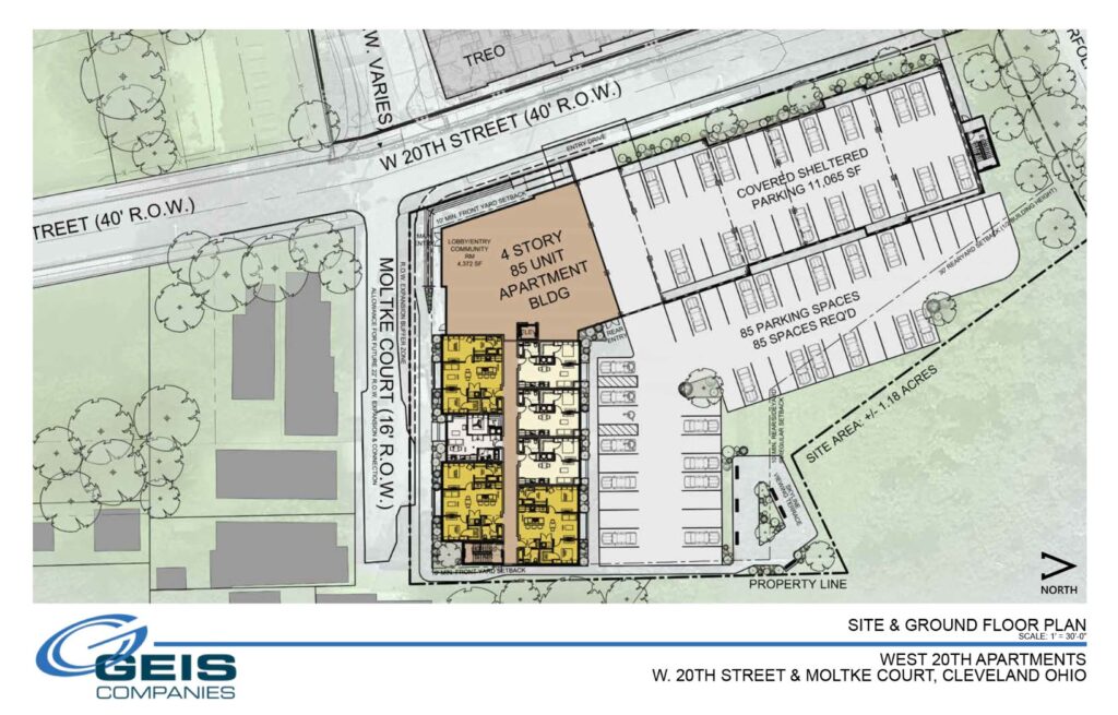 Site plan for the West 20th Apartments in Tremont's Lincoln Heights neighborhood along the 25Connects transit corridor along West 25th Street.
