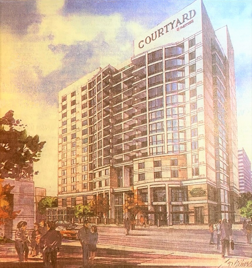 Rendering of a hotel proposed to be built in 1998 on land that was finally sold last week for development.