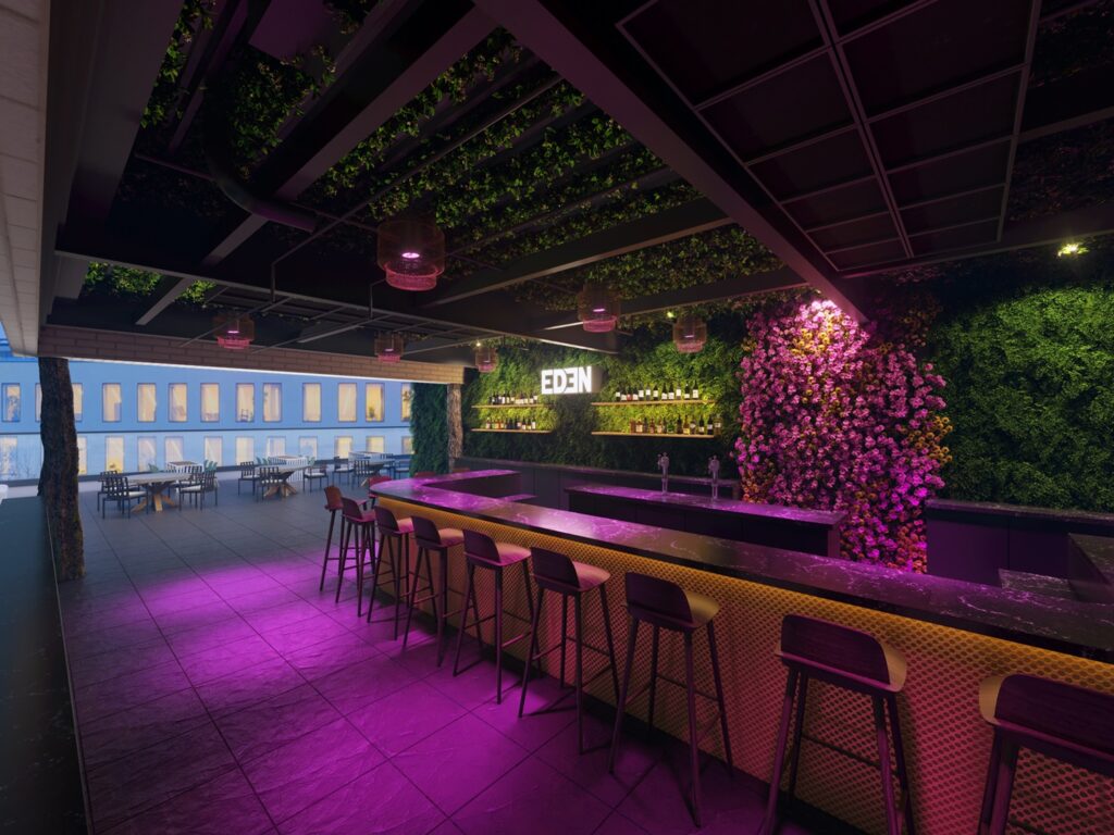 Bar at Eden featuring lots of vegetation similar to the unearthly paradise, set in downtown Cleveland.