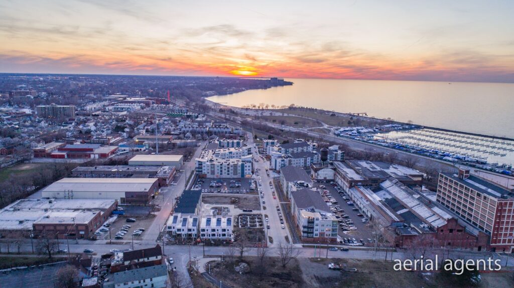 Another aerial view, this time of The Edison at Gordon Square with Edgewater Park and Lake Erie in the background.