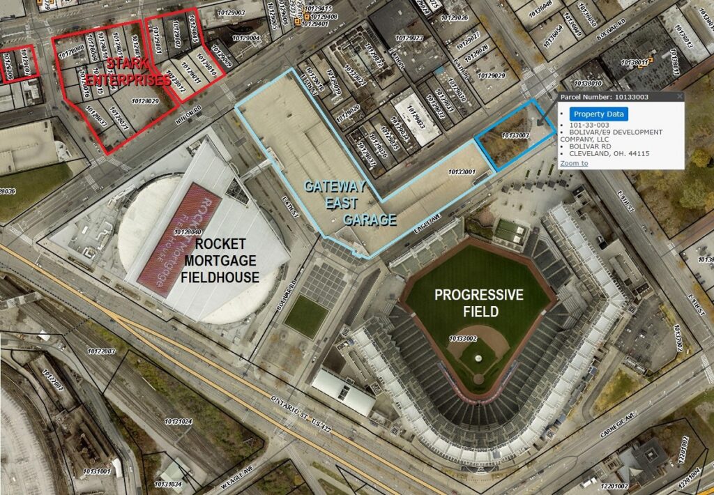 Map of the development parcel acquired by the Cleveland Guardians as well as other properties in the Gateway neighborhood.