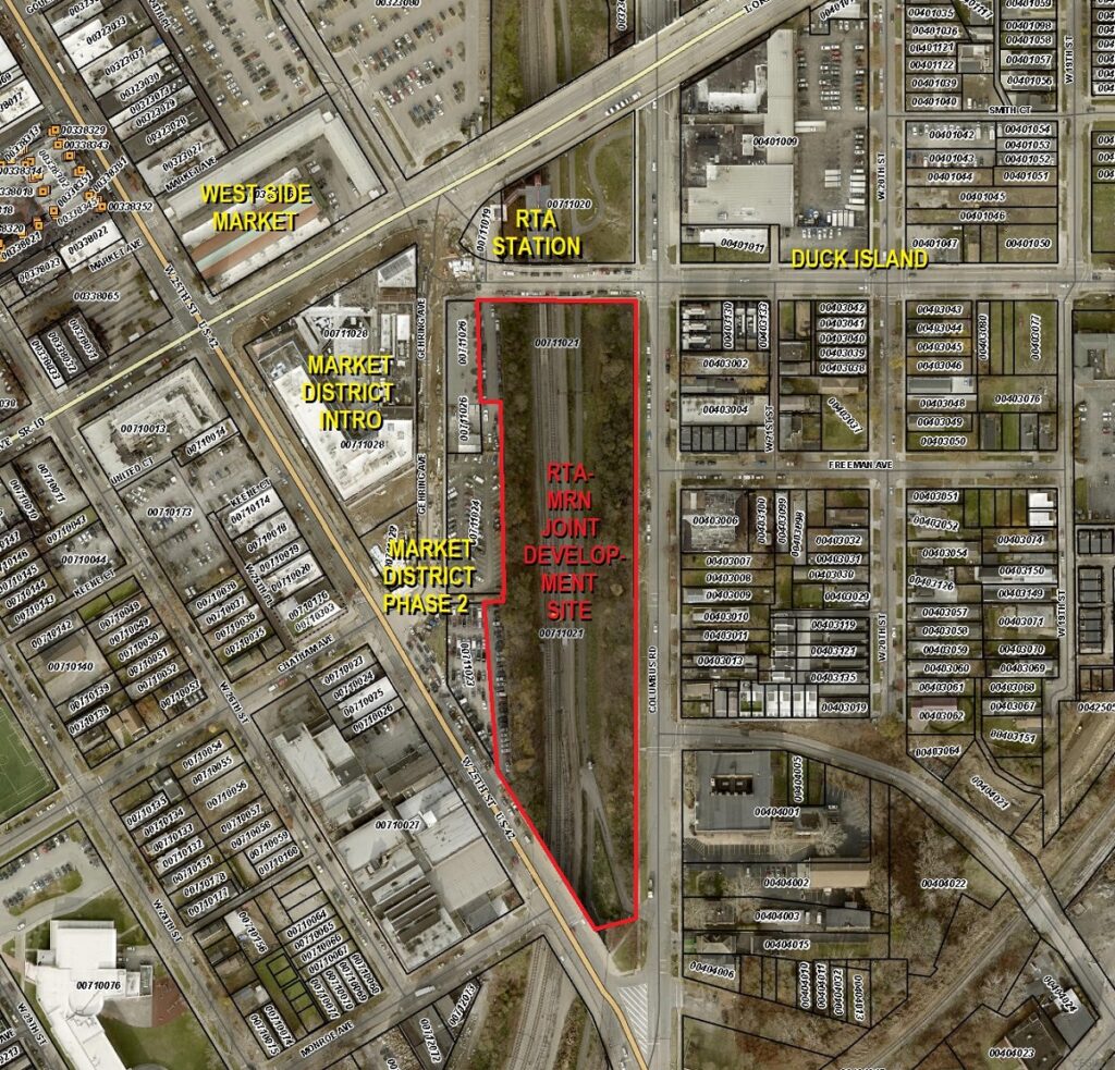 Map of the RTA rail station development site between Ohio City and Tremont near West Side Market.