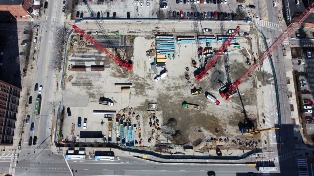 Overhead view of Sherwin-Williams' headquarters construction site in downtown Cleveland.