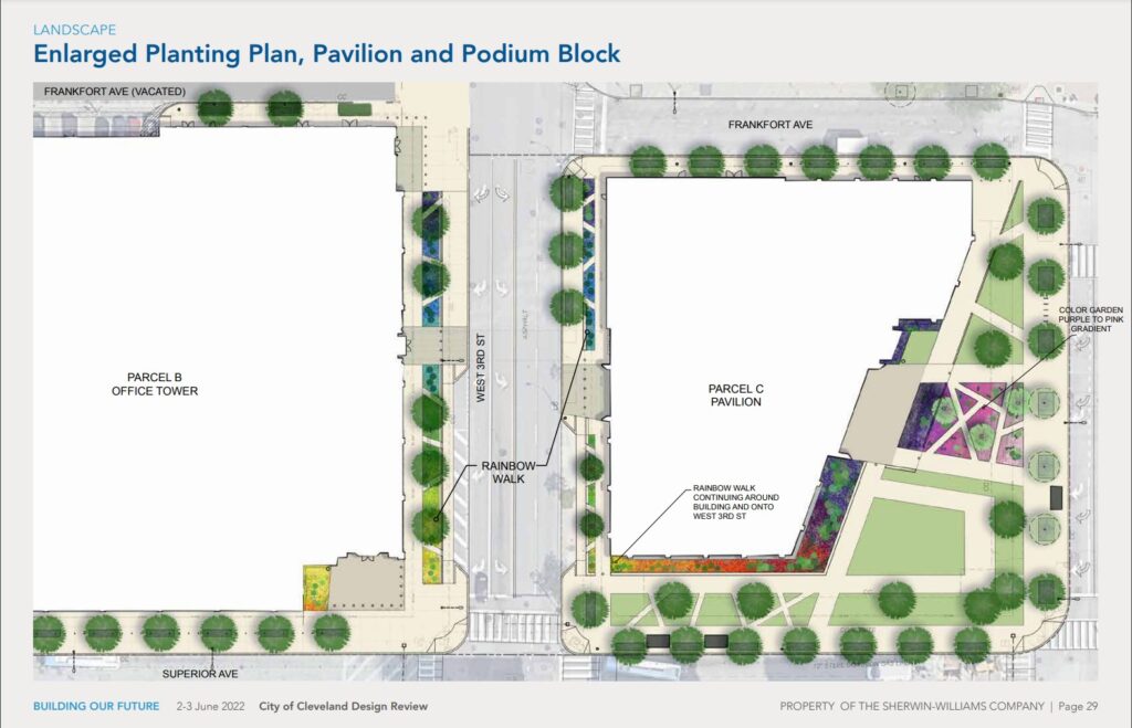 Landscaping site plan for SHW's new HQ tower and Public Square pavilion.