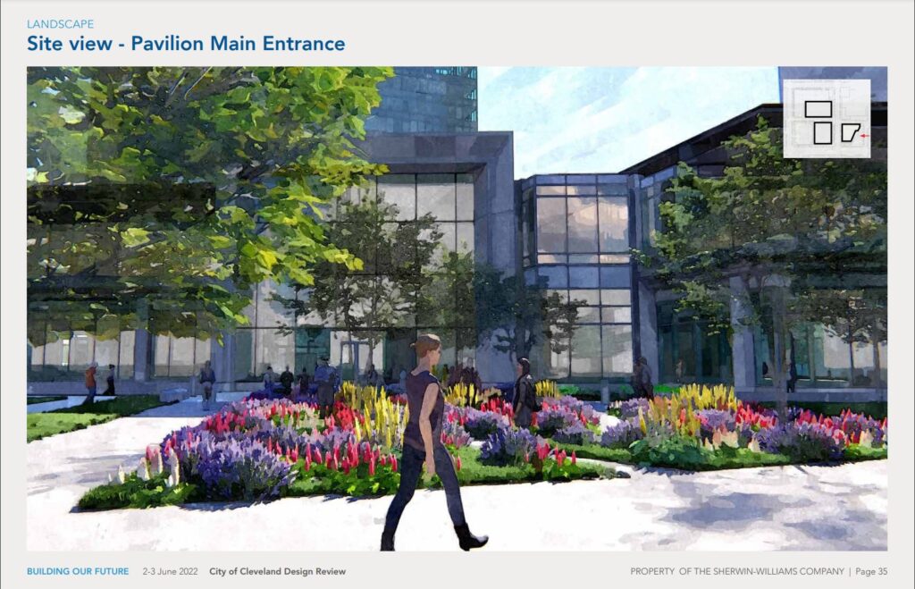 What SHW's HQ pavilion will look like from Public Square including lots of pretty flowers.