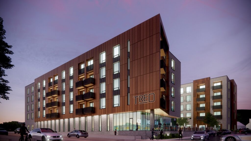 Rendering of the Treo apartments including its retail space next to West 25th and Moltke Court.
