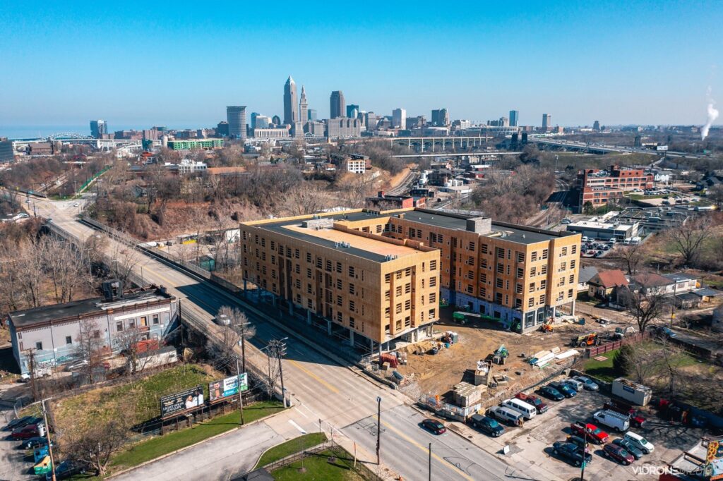 Aerial view of Treo apartments on West 25th Street courtesy of V1drone photography.