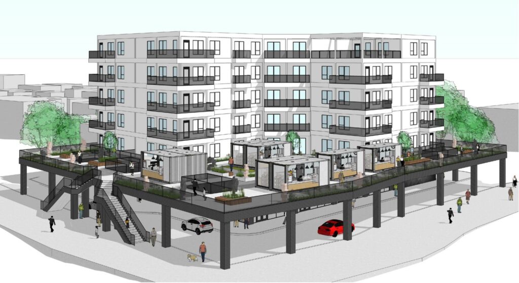 Rendering of proposed University Inn Apartments as seen from the I-90 Inner Belt highway bridge.