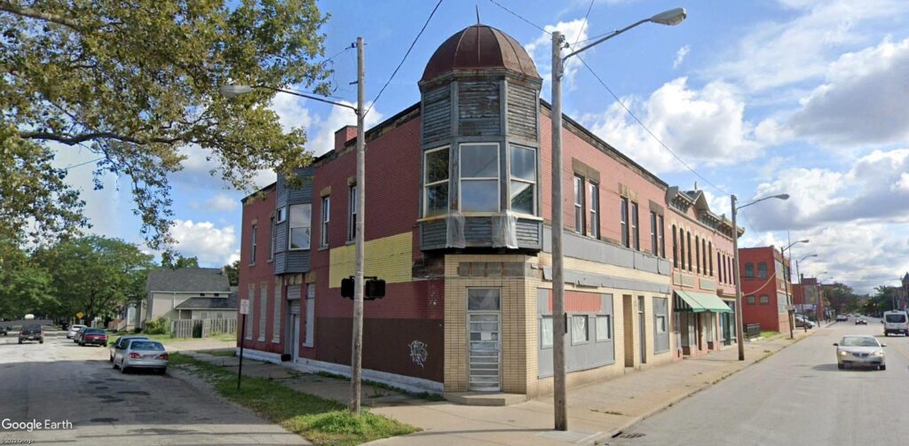 A turret on the corner of a small mixed use building is quintessential Cleveland architecture.