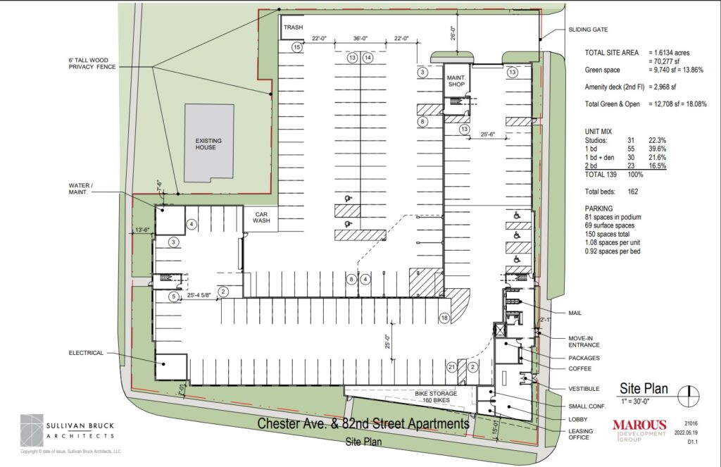 Proposed site plan for Chester 82 Apartments showing ground level parking with a building above.