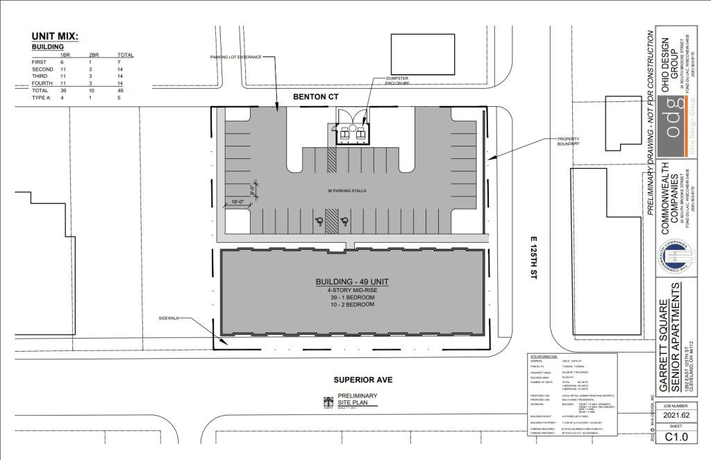 Location and map of the planned Garrett Square Senior Apartments planned for Superior Avenue at East 125th Street in Glenville.