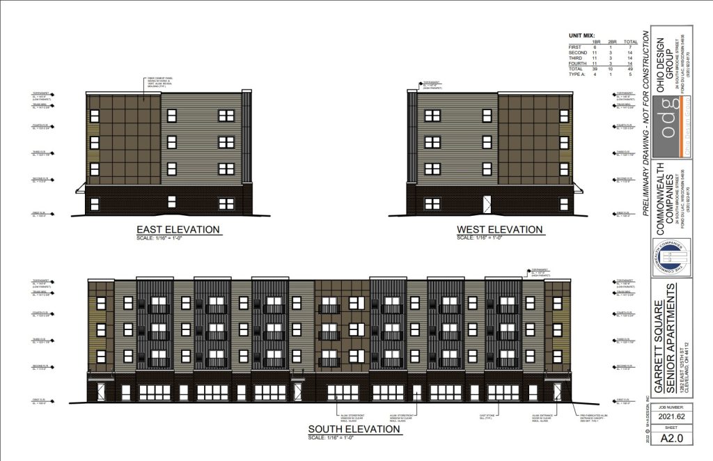 South, east and west design elevations of the planned Garrett Square Senior Apartments on Superior Avenue at East 125th Street in Cleveland's Glenville neighborhood.