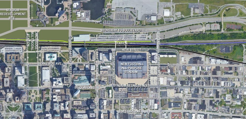 Cleveland Stadium to be built in the Arts Quarter east side of the Central Business District near Davenport Bluffs.