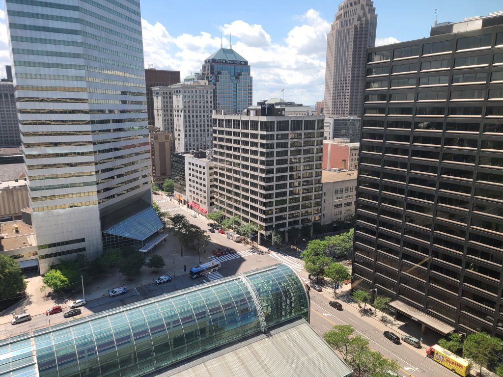 Intersection of East 9th Street and St. Clair Avenue seen from 45 Erieview.