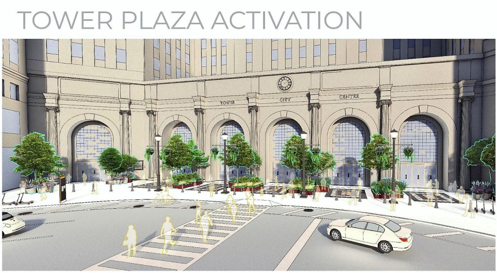 Rendering of the Public Square entrance to Tower City Center, former Cleveland Union Terminal, in downtown Cleveland showing public realm improvements.