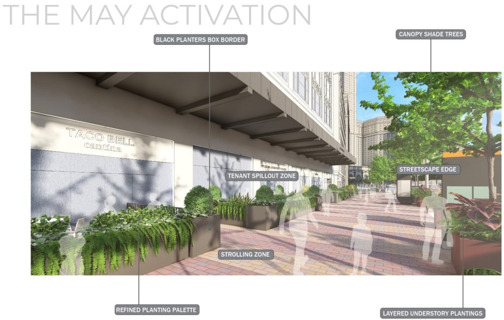 How Bedrock plans to improve the pedestrian experience along Euclid Avenue in front of its May Apartments former department store in downtown Cleveland.