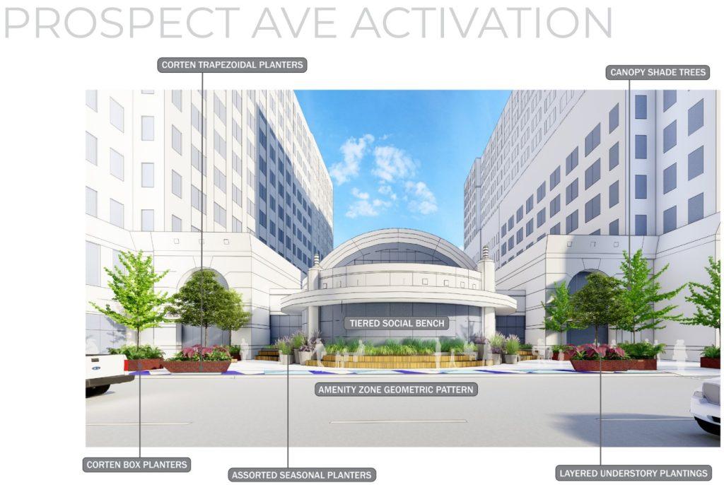 Rendering of proposed public realm improvements at Tower City Center's Prospect Avenue entrance in downtown Cleveland.