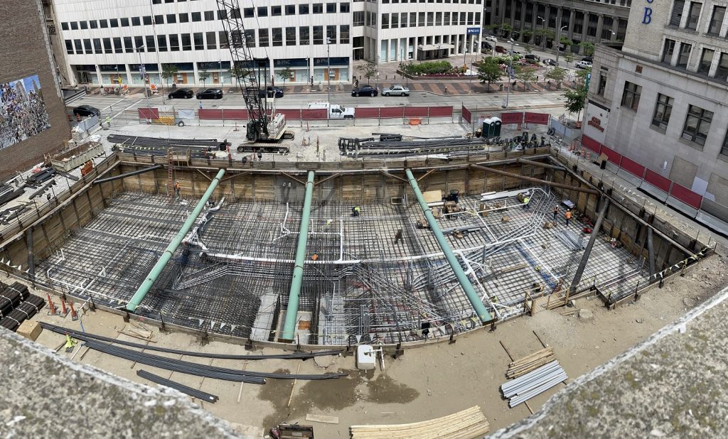 Getting ready for the massive concrete pour at the City Club Apartment construction site.