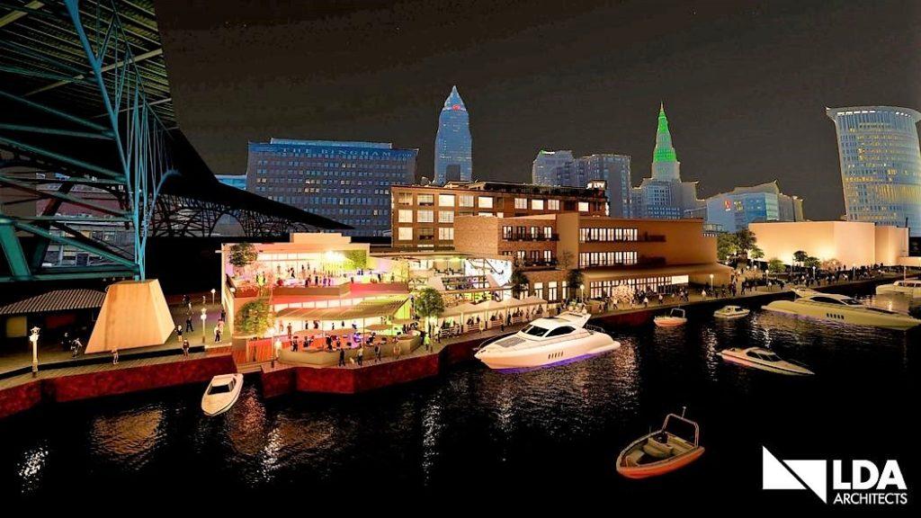 Looking from the Cuyahoga River to the Flats East Bank and downtown Cleveland skyline in the background.