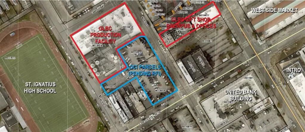 Map of Great Lakes Brewing Company facilities including its brewery, offices, gift shop and brewpub as well as Ohio City Inc.'s property that could be developed with a high-rise residential building.