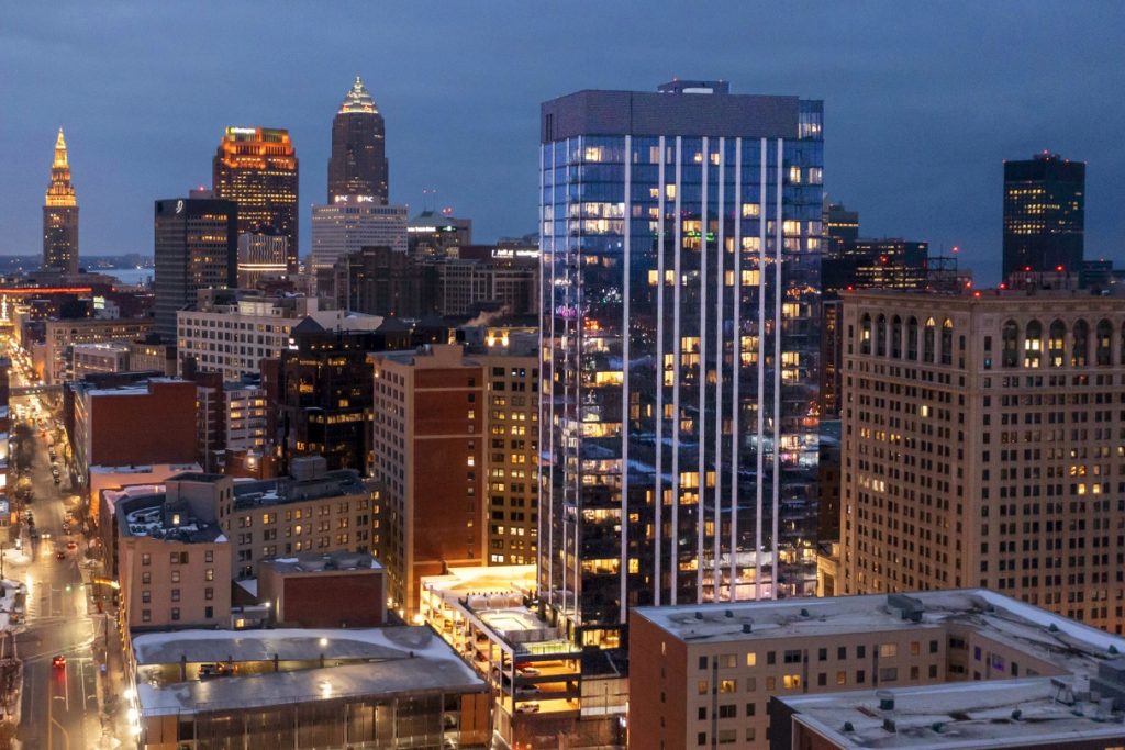 Sparking at night with many of its apartment lights on, The Lumen is a downtown Cleveland luminary.