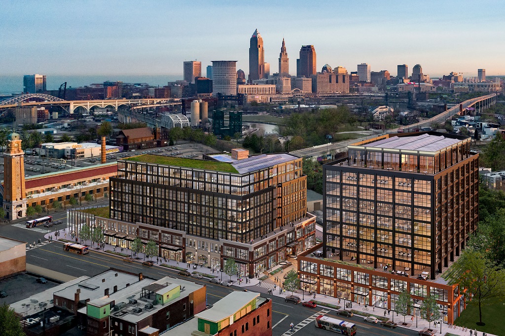 Harbor Bay's early rendering of the proposed Market District development in Ohio City with downtown in the distance.