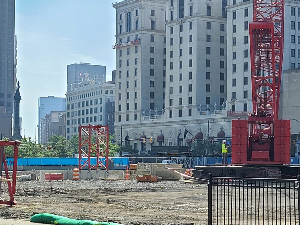 Construction site of the SHW HQ with the Renaissance Cleveland Hotel and Public Square in the background.