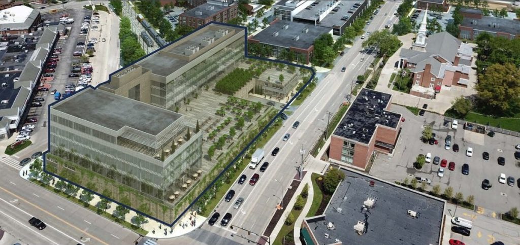 Phase three rendering of the Van Aken District development in Shaker Heights showing offices and parking over retail.