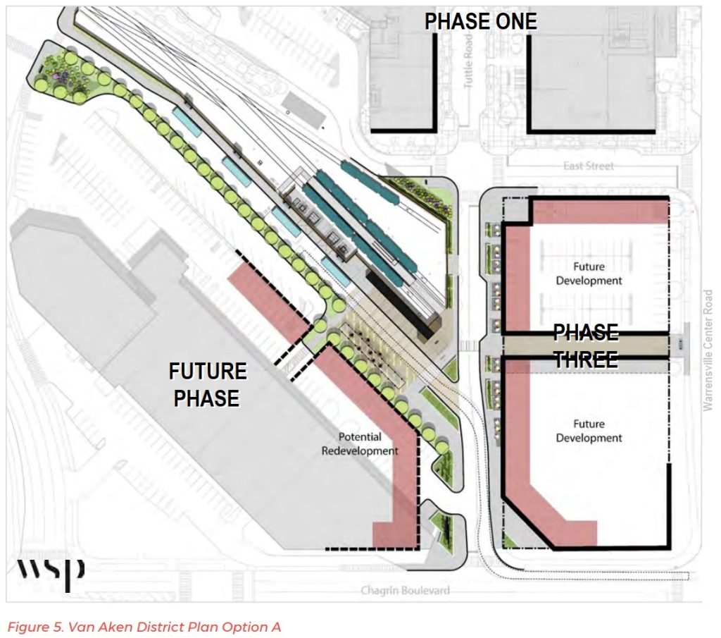Site plan for the public realm improvements around the bus and train transit center at Van Aken District in Shaker Heights.