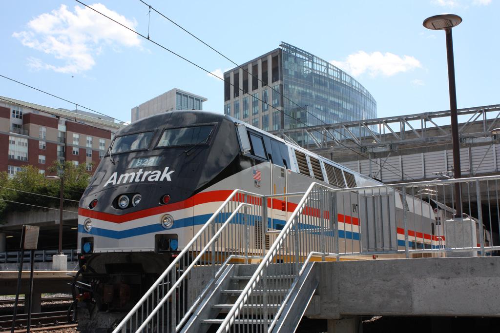 Picture of an Amtrak passenger train at the Providence, RI station. The scene could be downtown Cleveland someday.