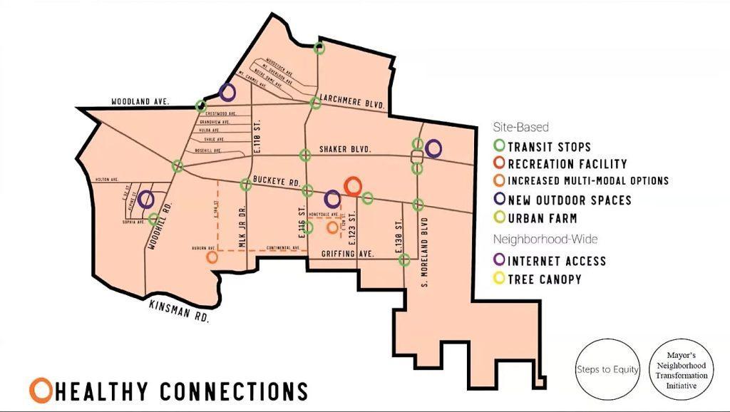 Map of places to increase personal and economic health in the Buckeye neighborhood.