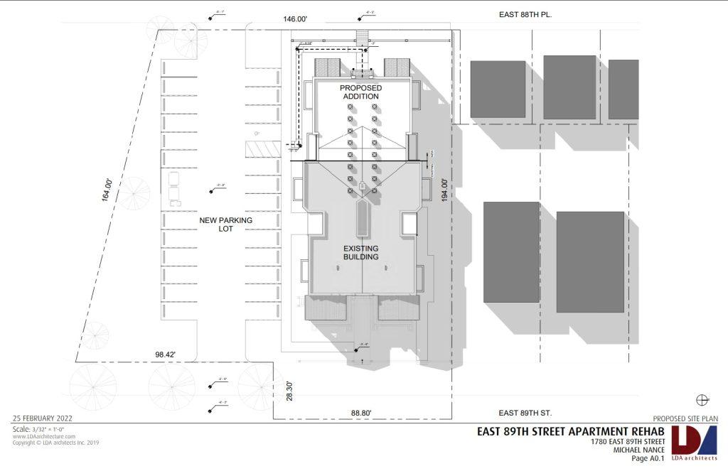 Proposed site plan of 1780 East 89th Street renovation and addition in Hough.