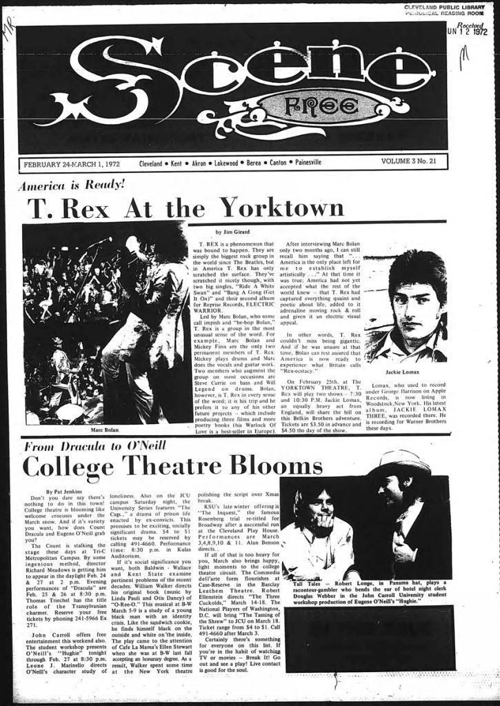 Scene Magazine article about the Yorktown movie theater at PearlBrook shopping center hosting T.Rex rock concert in 1972.