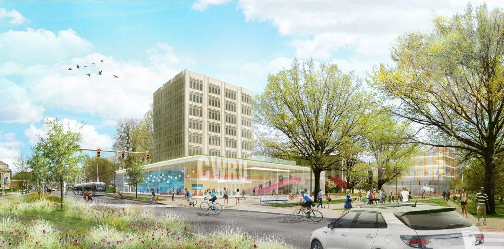 Visions for the proposed research center and Crawford Tower podium at CWRU's Case Quad.