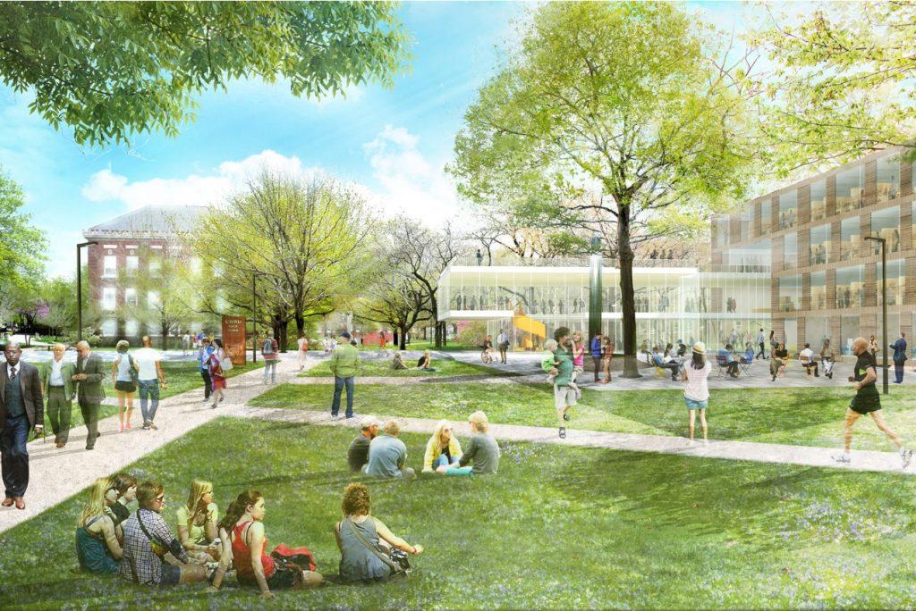 Rendering of the Case Quad at CWRU including a new research center as proposed in the campus masterplan.