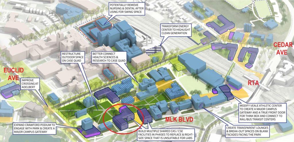 Map of the proposed location of CWRU's new Interdisciplinary Science and Engineering Building.