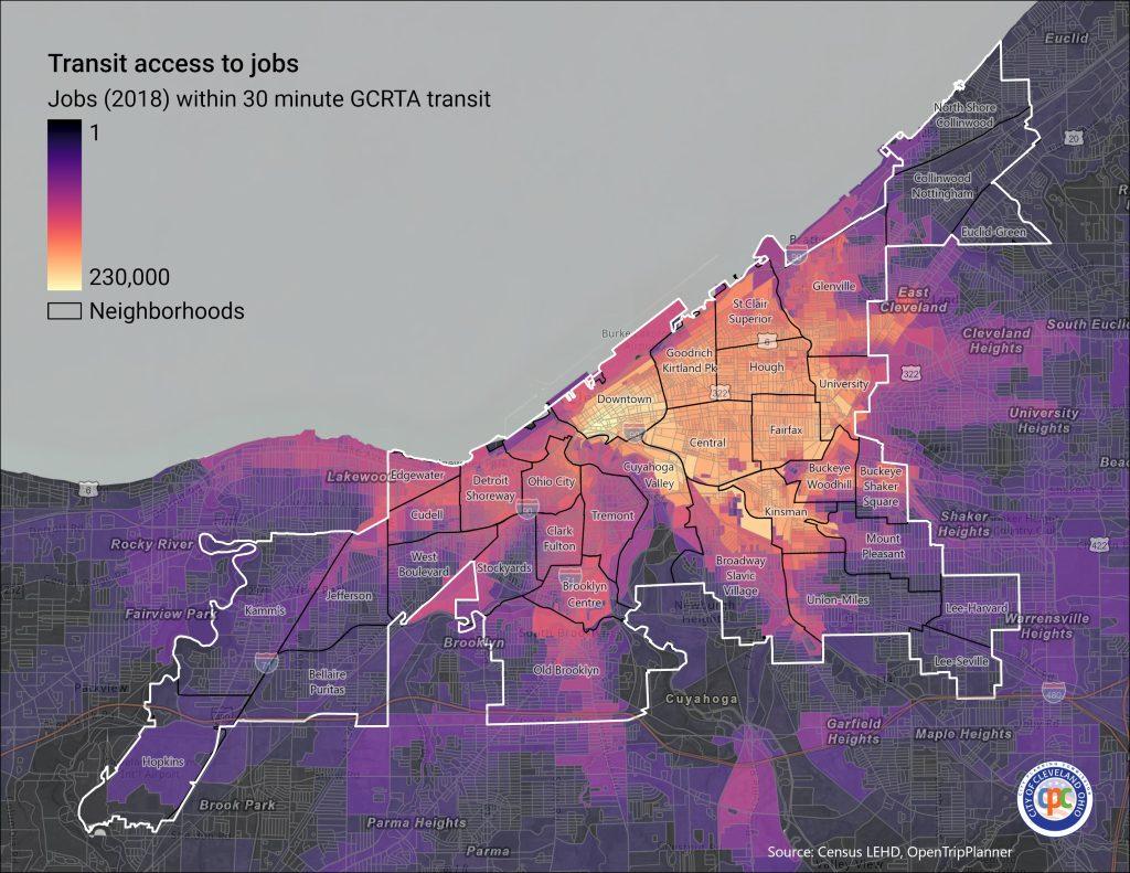 Transit access to jobs in the city of Cleveland.
