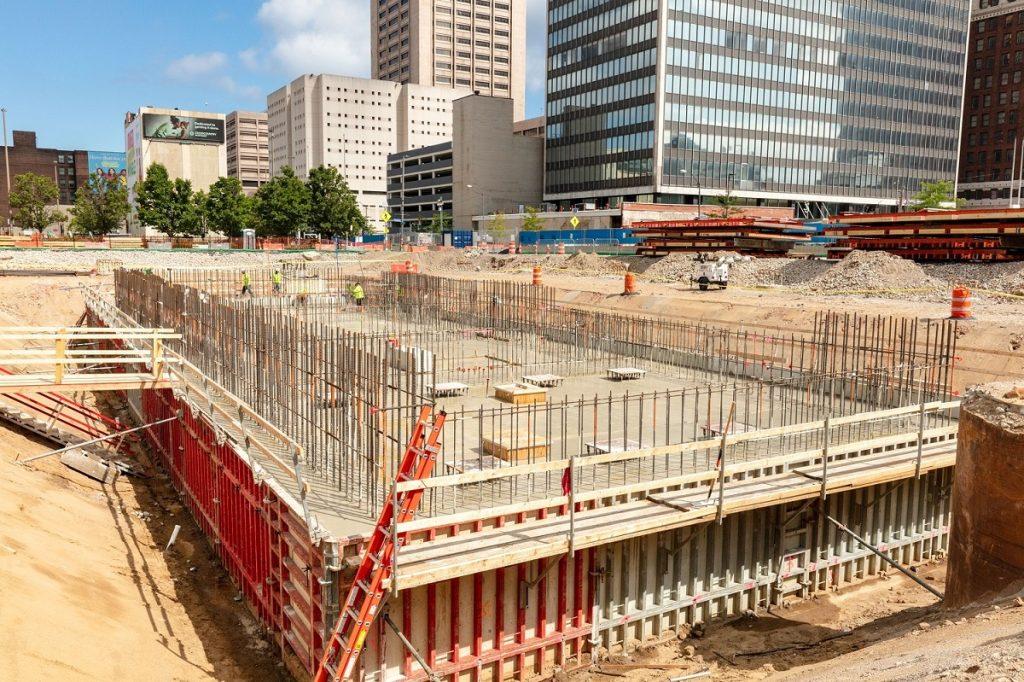 Foundation for the construction of the elevator and stairwell core for Sherwin-Williams' new headquarters tower.